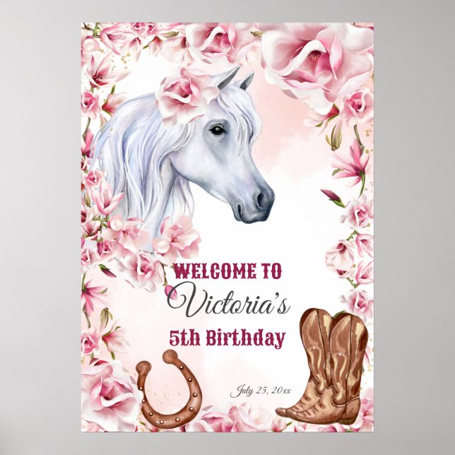 White horse pink flowers cowgirl birthday welcome  poster (Front)