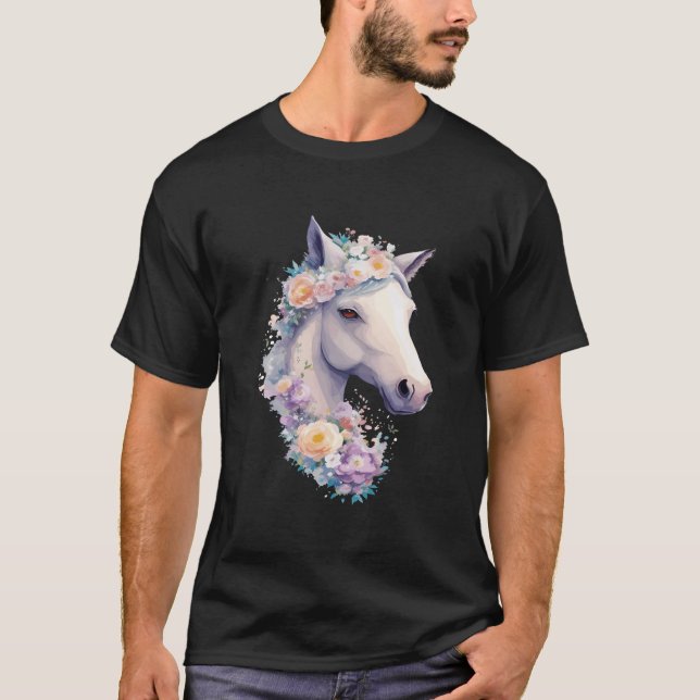 White Horse Portrait With Flowers Cowgirl Horsebac T-Shirt (Front)