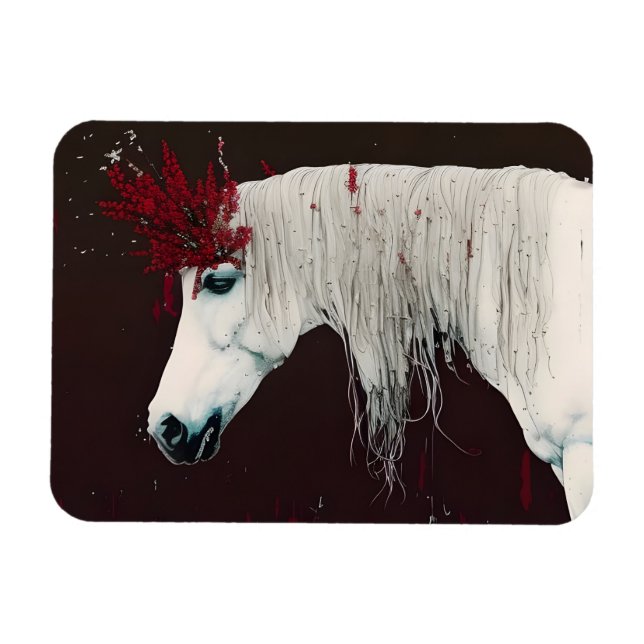 White Horse Red Flowers Magnet (Horizontal)