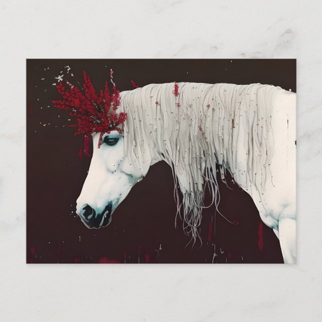 White Horse Red Flowers Postcard (Front)
