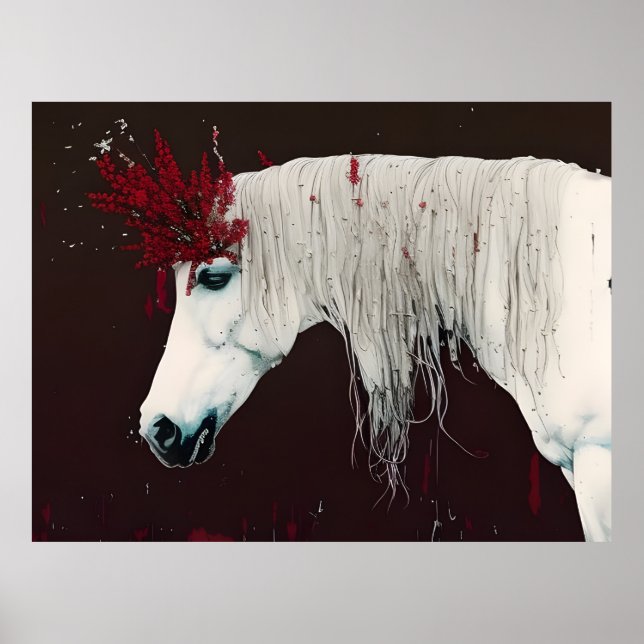 White Horse Red Flowers Poster (Front)
