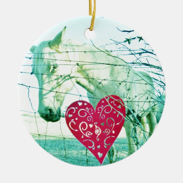 White Horse Red Heart Valentine Ceramic Tree Decoration (Front)