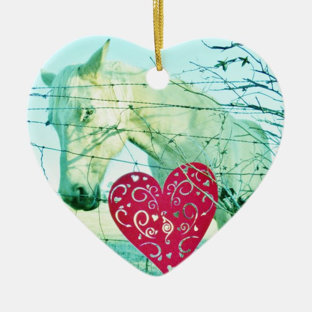 White Horse Red Heart Valentine Ceramic Tree Decoration (Front)