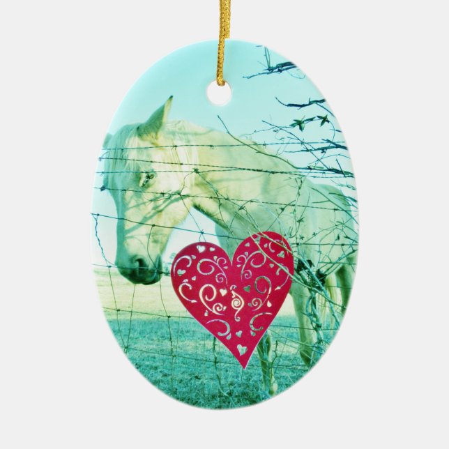 White Horse Red Heart Valentine Ceramic Tree Decoration (Front)
