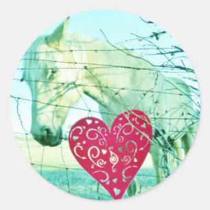 White Horse Red Heart Valentine Classic Round Sticker