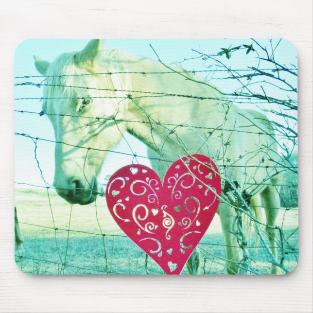 White Horse Red Heart Valentine Mouse Mat (Front)
