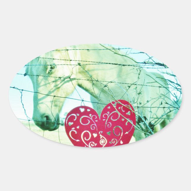 White Horse Red Heart Valentine Oval Sticker (Front)