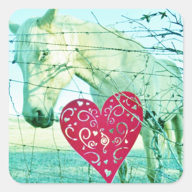 White Horse Red Heart Valentine Square Sticker (Front)