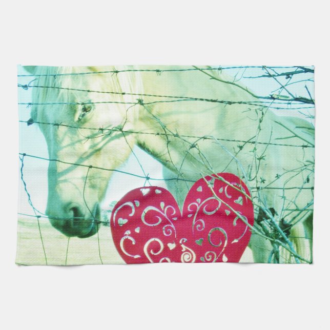 White Horse Red Heart Valentine Tea Towel (Horizontal)