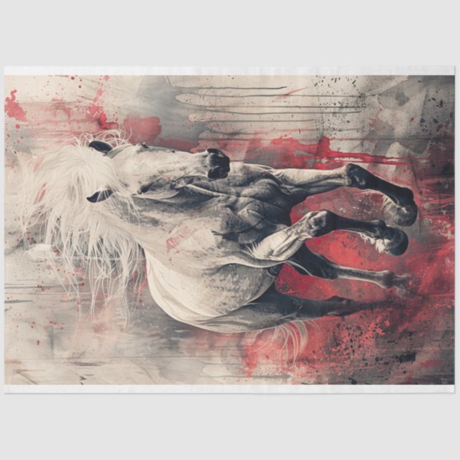 White Horse Red Splatter Oil Art Decoupage Tissue Paper (Front)