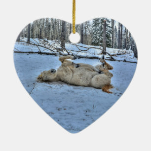 White Horse Rolling in Winter Snow Ceramic Tree Decoration