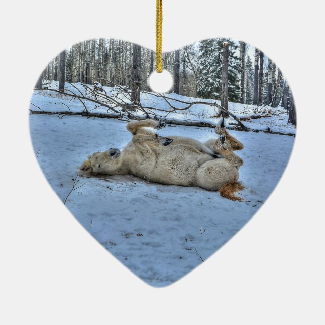 White Horse Rolling in Winter Snow Ceramic Tree Decoration (Back)