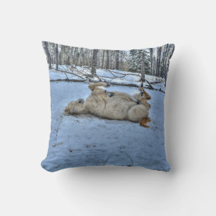White Horse Rolling in Winter Snow Cushion