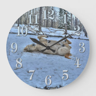 White Horse Rolling in Winter Snow Large Clock