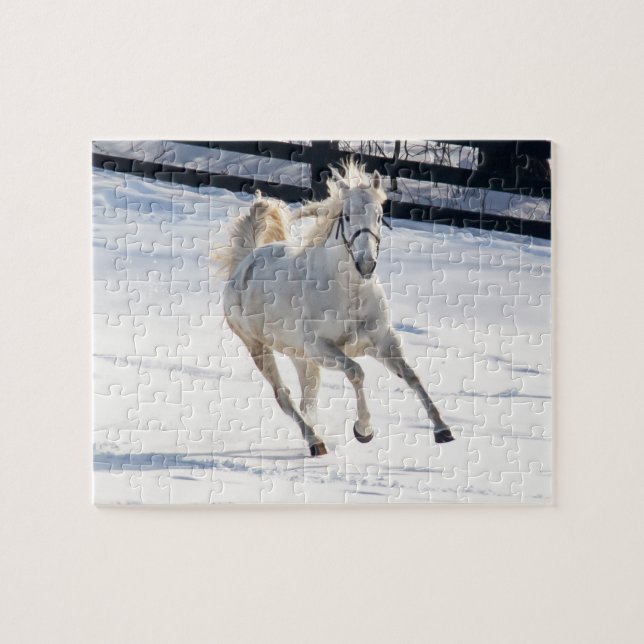 White Horse Running In Snow Jigsaw Puzzle (Horizontal)