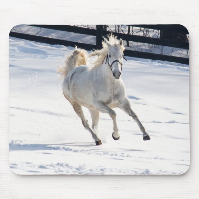 White Horse Running In Snow Mouse Mat (Front)