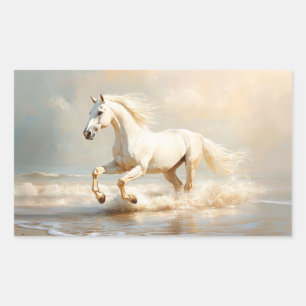 White Horse Running on the Beach Rectangular Sticker
