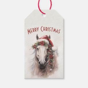 White Horse Santa Hat Red Poinsettias Christmas Gift Tags