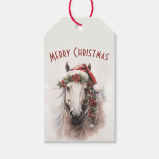 White Horse Santa Hat Red Poinsettias Christmas Gift Tags