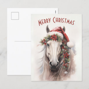 White Horse Santa Hat Red Poinsettias Christmas Holiday Postcard