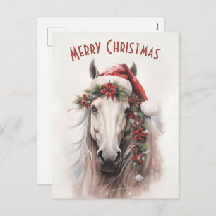 White Horse Santa Hat Red Poinsettias Christmas Holiday Postcard