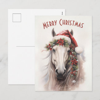 White Horse Santa Hat Red Poinsettias Christmas Holiday Postcard