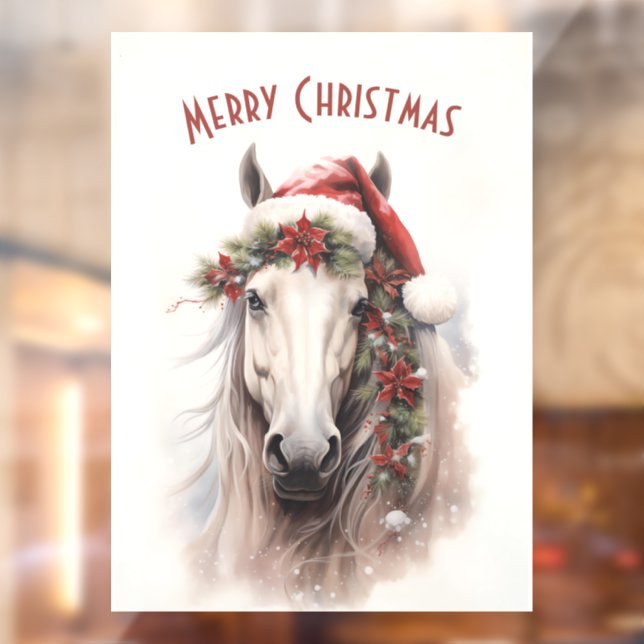 White Horse Santa Hat Red Poinsettias Christmas Window Cling (Sheet 2)