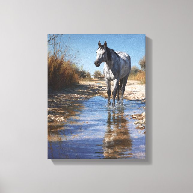 White Horse Shallow Stream Reflection Art Canvas Print (Front)