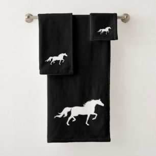 White Horse Silhouette on Black Bath Towel Set