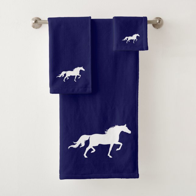 White Horse Silhouette on Navy Blue Bath Towel Set (Insitu)