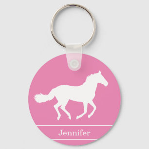 White Horse Silhouette Pink Background with Name Key Ring