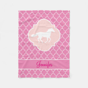 White Horse Silhouette Pink Quatrefoil with Name Fleece Blanket