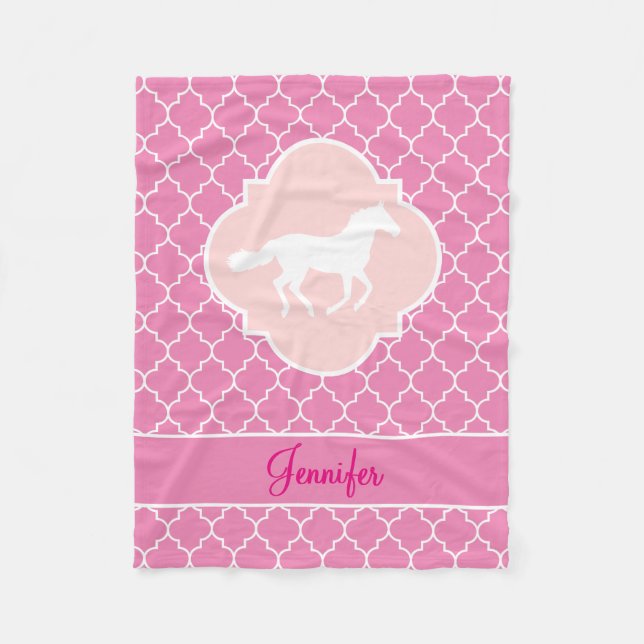 White Horse Silhouette Pink Quatrefoil with Name Fleece Blanket (Front)
