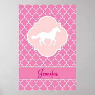 White Horse Silhouette Pink Quatrefoil with Name Poster