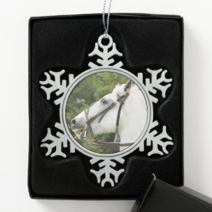WHITE HORSE SNOWFLAKE PEWTER CHRISTMAS ORNAMENT