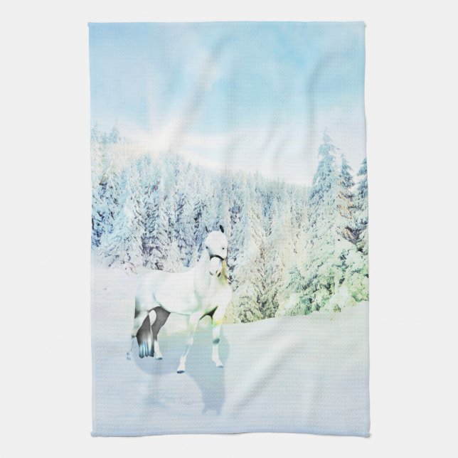 White Horse Snowy Scene Tea Towel (Vertical)
