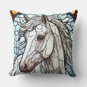 White Horse Stained Glass For Home Decor Cushion