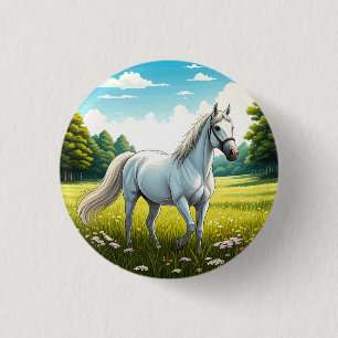 White horse standing in a field of grass 3 cm round badge