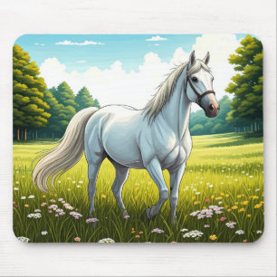 White horse standing in a field of grass mouse mat