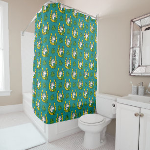 White Horse w Golden Horse Shoe, Shamrocks Pattern Shower Curtain