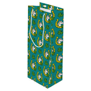 White Horse w Golden Horse Shoe, Shamrocks Pattern Wine Gift Bag