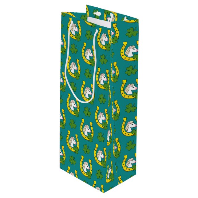 White Horse w Golden Horse Shoe, Shamrocks Pattern Wine Gift Bag (Front Angled)