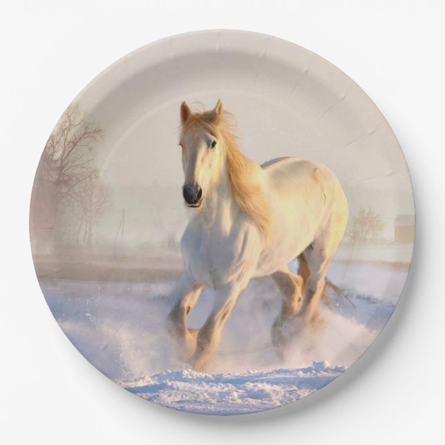 White Horse, White Snow Paper Plate (Front)