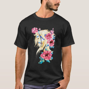 White Horse With A Mane Of Pink Peony Flowers Rose T-Shirt