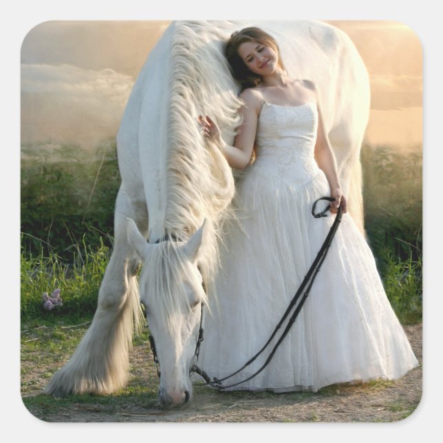 White Horse with Bride Square Sticker (Front)