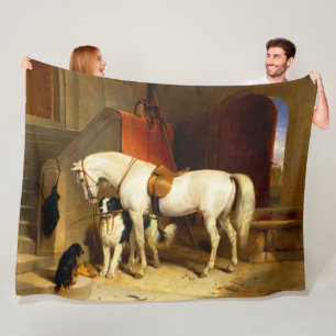 WHITE HORSE WITH DOGS AND FALCONS IN STABLE FLEECE BLANKET