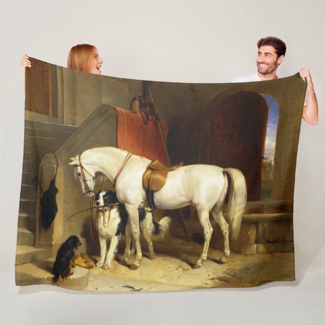 WHITE HORSE WITH DOGS AND FALCONS IN STABLE FLEECE BLANKET (In Situ)