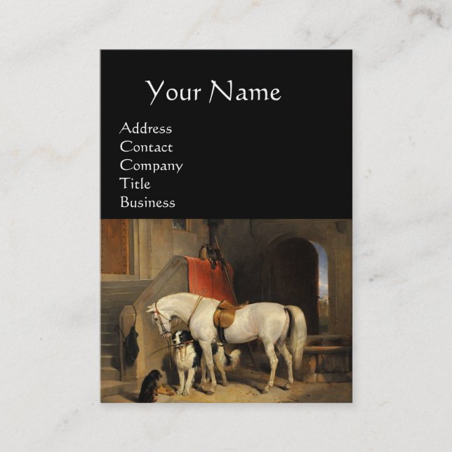 WHITE HORSE WITH DOGS AND FALCONS IN STABLE Green Business Card (Front)