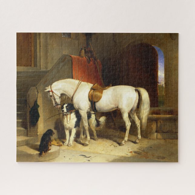 WHITE HORSE WITH DOGS AND FALCONS IN STABLE JIGSAW PUZZLE (Horizontal)