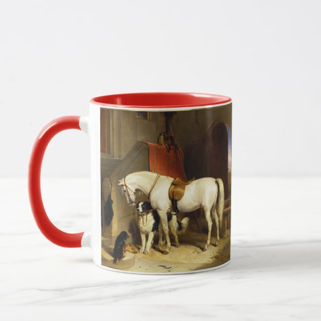 WHITE HORSE WITH DOGS AND FALCONS IN STABLE   MUG (Left)